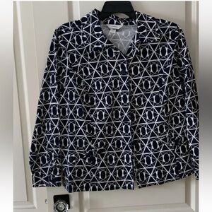 CJ Banks Women’s Jacket Size 1X Button Up Front Pockets Triangle Blue White